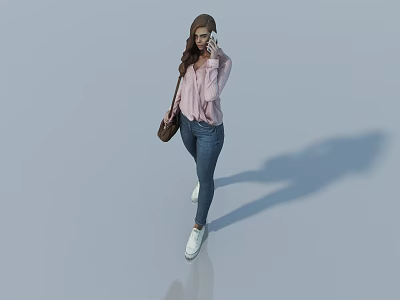 Woman in pink shirt blue jeans talking on phone with brown bag against gray background 3d model