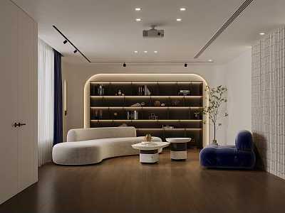 Cozy Home Theater Interior Design With Curved Sofa Bookshelf Wall Projector And Blue Accent Chair 3d model