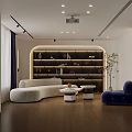 Cozy Home Theater Interior Design With Curved Sofa Bookshelf Wall Projector And Blue Accent Chair