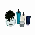 Elegant Daily Cleansing Skincare Products With Blue Bottles Green Plants And Transparent Vase