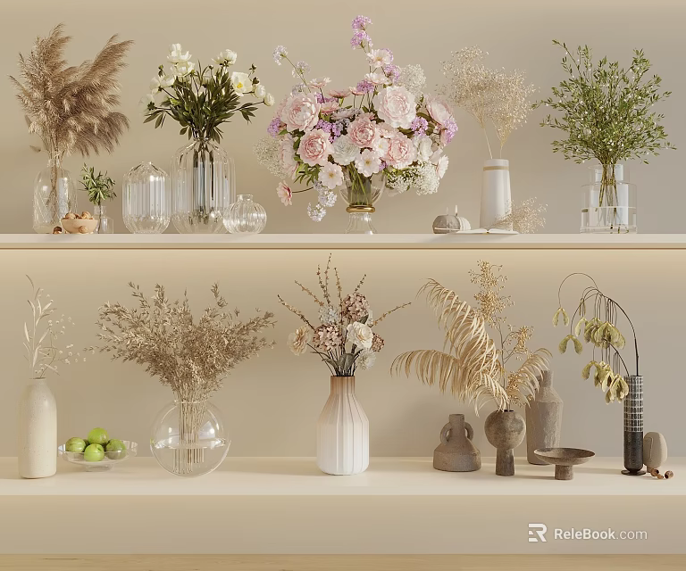 Various Glass Ceramic Vases With Fresh Dried Flowers On Decorative Shelves 3d model 