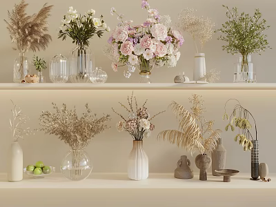 Various Glass Ceramic Vases With Fresh Dried Flowers On Decorative Shelves 3d model