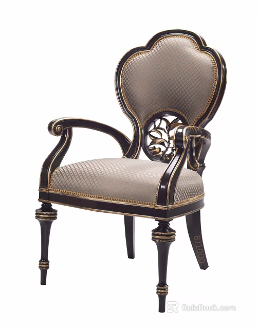 Classic Design Dining Chair With Carved Wooden Frame And Fabric Upholstered Seat 3d model 