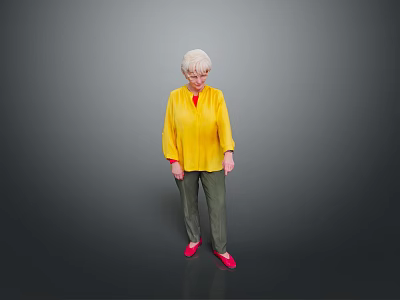 Woman with white hair wearing yellow top green pants red shoes standing against gray background 3d model