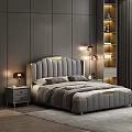 Modern Gray Upholstered Double Bed With Gold Accents Nightstands And Table Lamps