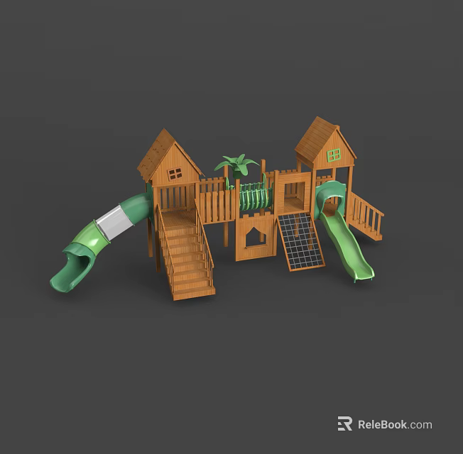 Wooden Playground Structure With Slides Playhouses Stairs And Climbing Net For Kids 3d model 