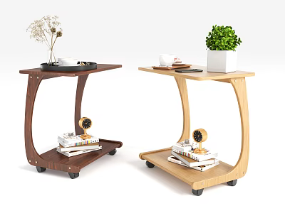 Wooden Mobile Side Tables With Tray Tops Plants Books And Decor 3d model