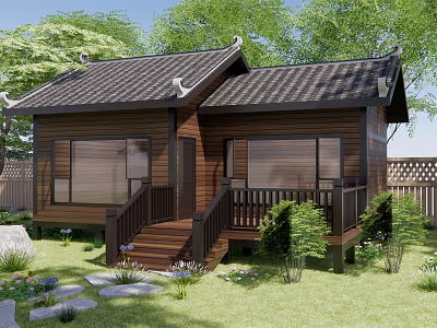 Detached Villa With Wooden Exterior Black Tile Roof Chinese Eaves Deck Steps Green Lawn 3d model