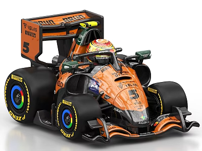 Orange F1 Racing Car Model With Number 5 Yellow Helmet Sponsor Logos And Colorful Rims 3d model