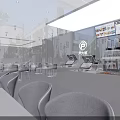 Modern Restaurant Interior Design With White Tables Chairs Order Counter And Menu Screens