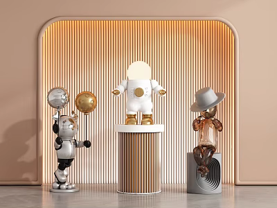 Artistic Sculptures With Diverse Designs White Gold Silver Brown On Pedestals Against Vertical Striped Wall 3d model
