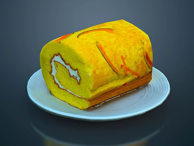 Delicious Yellow Cake Roll With Orange Stripes And White Cream Filling On White Plate 3d model
