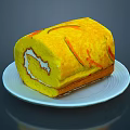 Delicious Yellow Cake Roll With Orange Stripes And White Cream Filling On White Plate