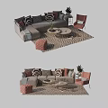 Modern L-shaped Sofa and Coffee Table Set With Decorative Pillows Patterned Rug and Accent Chair 3d model
