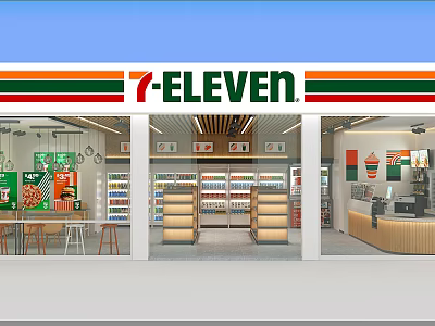 7 Eleven Supermarket Interior With Organized Shelves Various Beverages Checkout Counter And Food Products 3d model