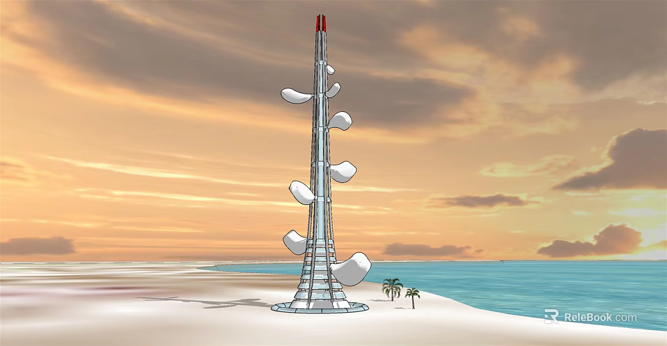 Tall Metallic Tower with Disc Shaped Sections Red Top on Beach by Ocean Sunset 3d model 