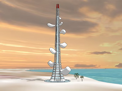 Tall Metallic Tower with Disc Shaped Sections Red Top on Beach by Ocean Sunset 3d model