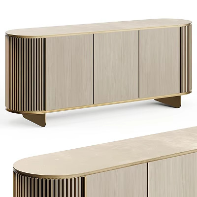Elegant Modern Console Side Cabinet With Light Wood Finish Brass Accents And Ribbed Details 3d model