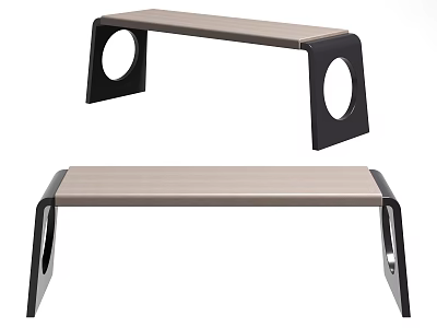 Modern Public Bench With Black Frame Light Colored Seat And Circular Cutouts 3d model