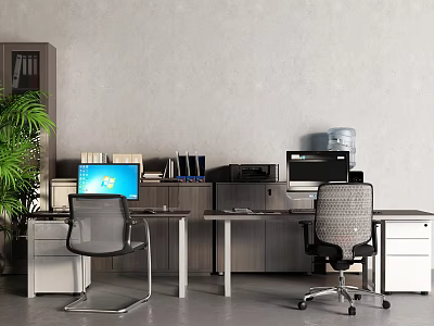 Modern Office Desk Workspace With Computer Monitors Office Chairs Green Plant And Filing Cabinets 3d model