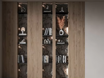 Modern Bookcase Interior Design With Wooden Frame Layered Shelves Books And Decorative Lighting 3d model