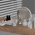 Elegant Wooden Vanity Table Displaying Perfumes And Cosmetics With Round Mirror And Various Bottles