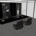 Modern Minimalist Office Desk With Laptop Table Lamp Two Black Chairs Bookshelf And Floor Lamp