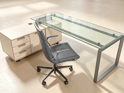 Modern Office Desk With Glass Top Metal Frame Drawer Cabinet And Gray Office Chair 3d model
