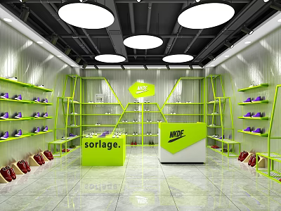Public Office Space With Green Shelves Round Ceiling Lights And Shiny Floor 3d model