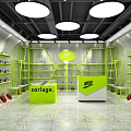 Public Office Space With Green Shelves Round Ceiling Lights And Shiny Floor