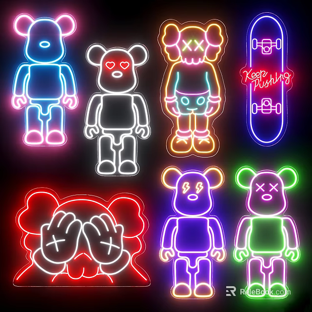 Colorful Neon Decorative Lights With Cartoon Bear Figures And Skateboard Design 3d model 