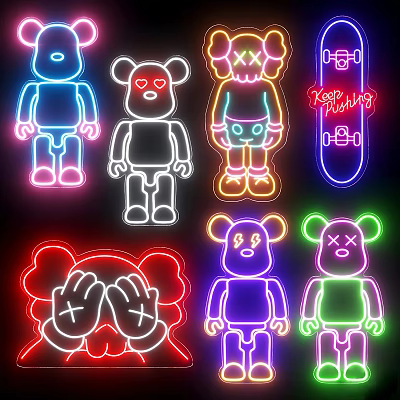 Colorful Neon Decorative Lights With Cartoon Bear Figures And Skateboard Design 3d model