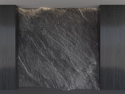 Modern Dark Stone Textured Background Wall With Wooden Side Panels And Ambient Lighting 3d model