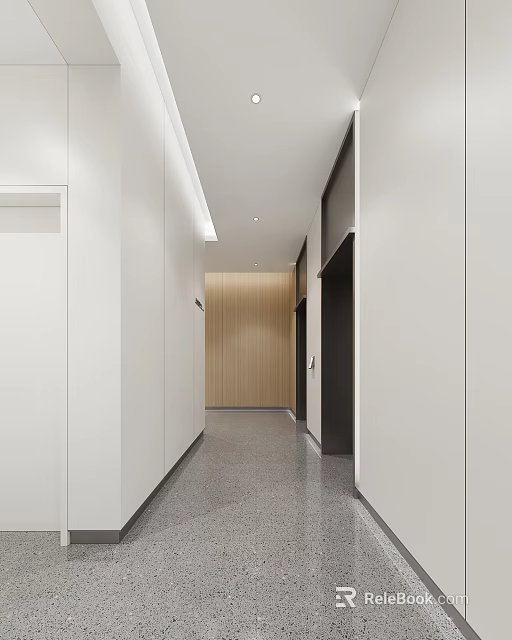 Modern Office Corridor Interior With White Walls Wooden Accents And Sleek Flooring 3d model 