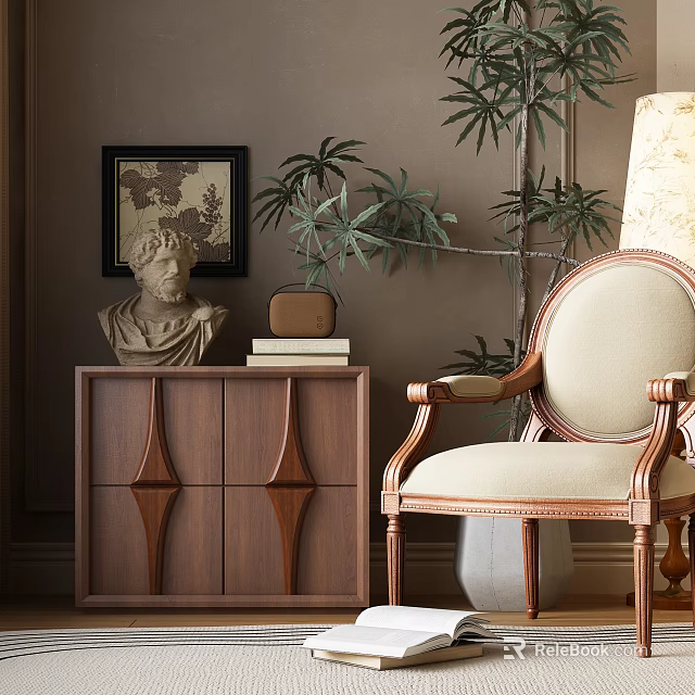 Elegant Walnut Wood Chest of Drawers With Bust Sculpture Stacked Books and Potted Plant 3d model 