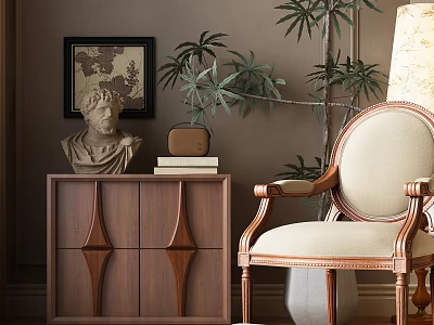 Elegant Walnut Wood Chest of Drawers With Bust Sculpture Stacked Books and Potted Plant 3d model