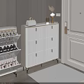 Modern Stylish Shoe Cabinet With Multiple Shelves Beige Black Pink Shoes Brown Handbag Table Lamp