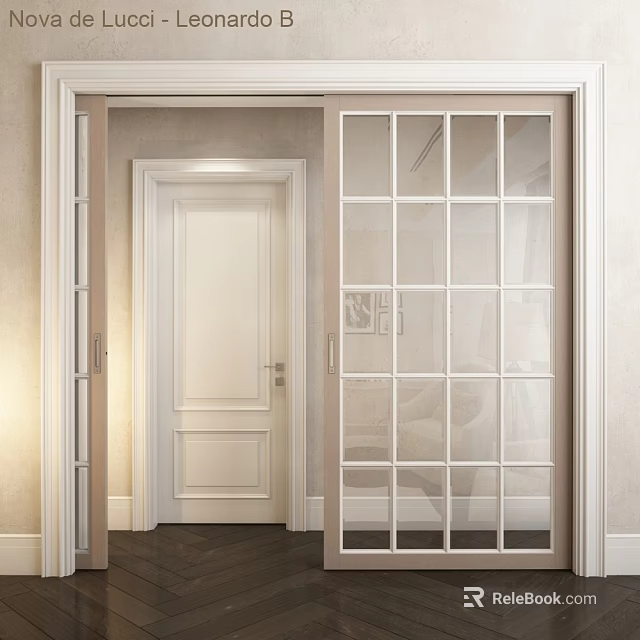 Modern Interior With Sliding Glass Grid Doors And White Wooden Door 3d model 