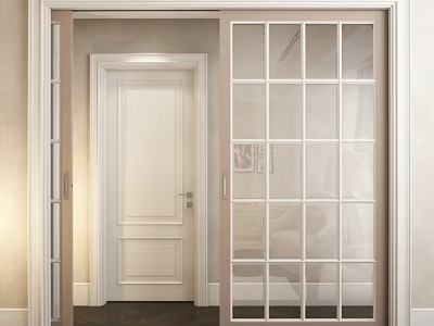 Modern Interior With Sliding Glass Grid Doors And White Wooden Door 3d model