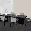Modern Dining Table Set With Gray Chairs Rectangular Tabletop And Decorative Green Plant 3d model