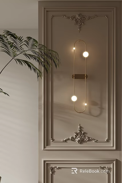 Elegant Modern Wall Lamp With Gold Round Bulbs On Beige Wall And Palm Leaves 3d model 