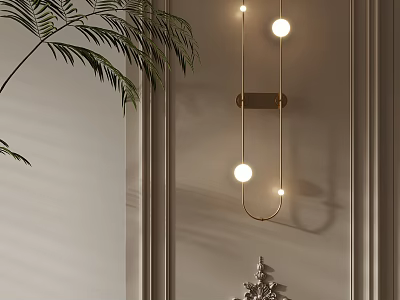 Elegant Modern Wall Lamp With Gold Round Bulbs On Beige Wall And Palm Leaves 3d model