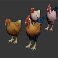 Colorful Rooster Models In Various Hues Standing On Dark Reflective Surface 3d model