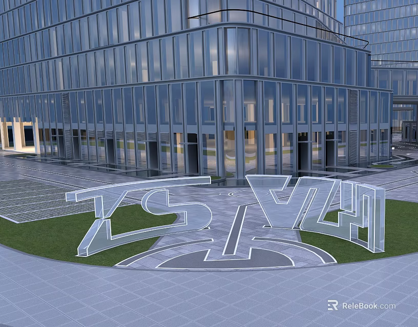 Modern Glass Curtain Wall Building With TSVZH 3D Letter Sign On Lawn At Entrance Plaza 3d model 