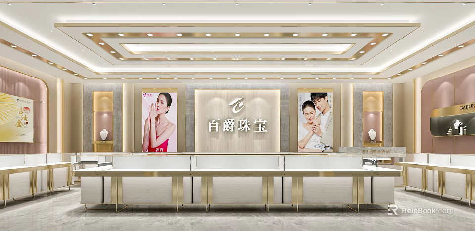 Jewelry Store Interior Design With Elegant Display Counters Bright Lighting And Models Showcasing Jewelry 3d model 