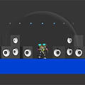 Pink Haired Character With Large Headphones And Microphone Standing Near Speakers On Blue Floor