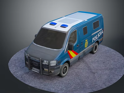 Blue White Police Bus With Roof Blue Lights And Side Stripes Parked On Gray Surface 3d model
