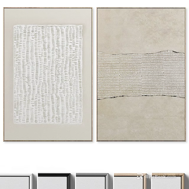 Two Abstract Wall Art Pieces With Textured Patterns On White And Beige Canvas 3d model 