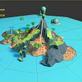 Cartoon Low Poly Island Scene With Volcano Palm Trees Pyramid Clouds And Blue Ocean
