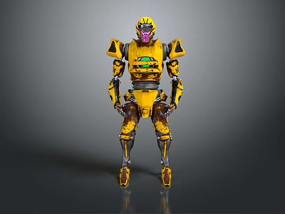 Yellow Mech Robot Character With Purple Faceplate And Green Chest Emblem 3d model